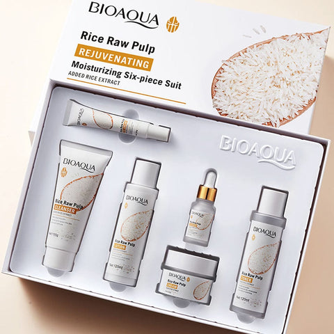 BIOAQUA Rice Raw Pulp Rejuvenating 6-in-1 Skincare Set | Toner, Cleanser, Essence, Lotion, Eye Cream & Face Cream | Brightening & Moisturizing