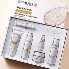 BIOAQUA Rice Raw Pulp Rejuvenating 6-in-1 Skincare Set | Toner, Cleanser, Essence, Lotion, Eye Cream & Face Cream | Brightening & Moisturizing